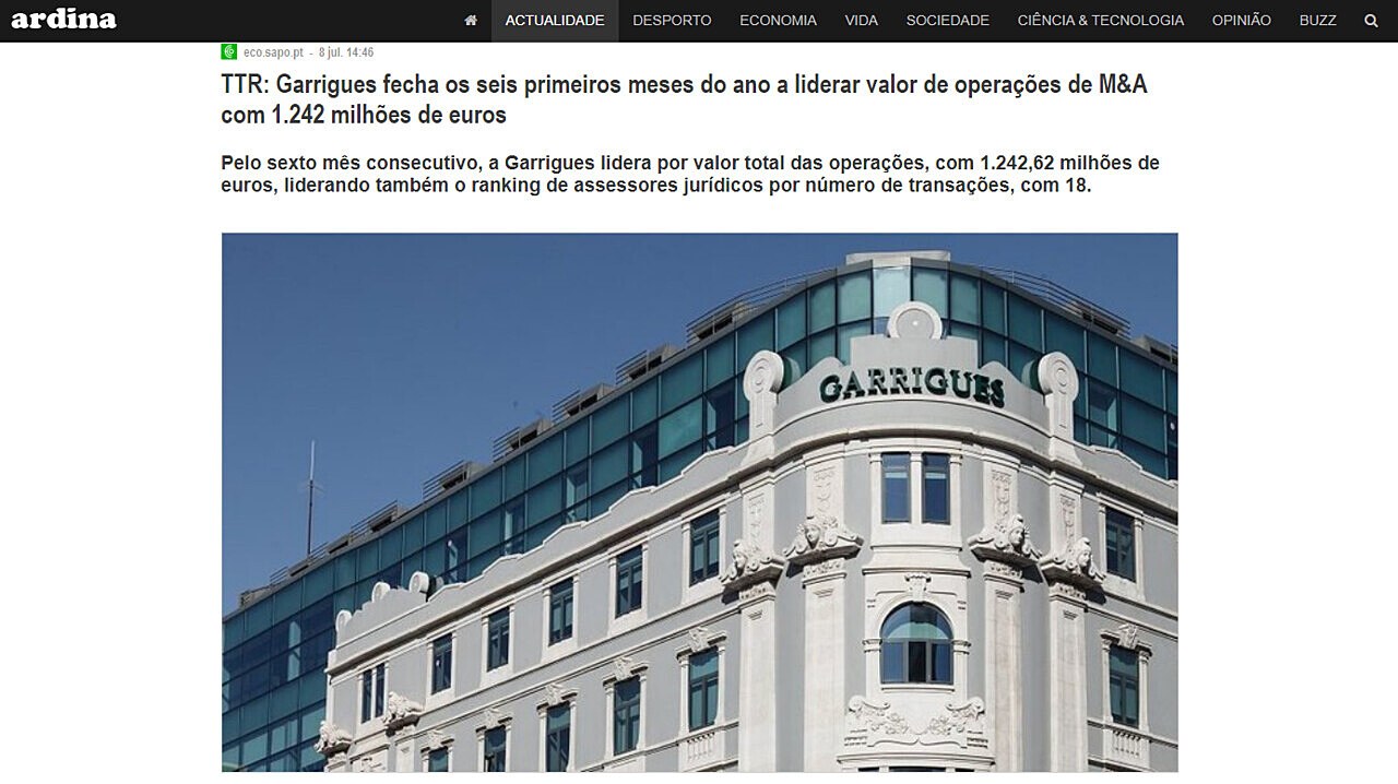 TTR: Garrigues fecha os seis primeiros meses do ano a liderar valor de operaes de M&A com 1.242 milhes de euros
